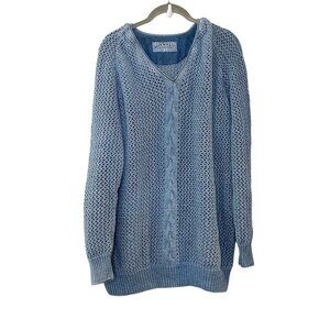 90s y2k Blue Willi's Cable Knit Fisherman Sweater Pullover V-Neck Chunky Fall L